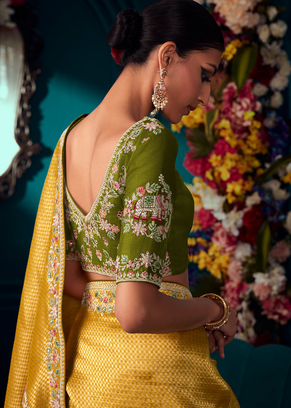 Golden Yellow Woven Kanjivaram Silk Saree with Sequin,Stone,Khatli & Pearl work