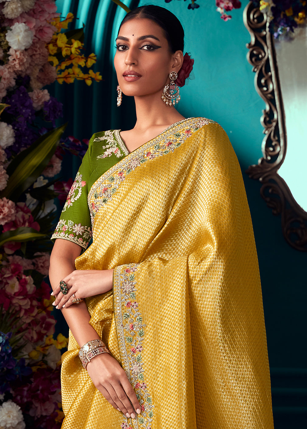 Golden Yellow Woven Kanjivaram Silk Saree with Sequin,Stone,Khatli & Pearl work