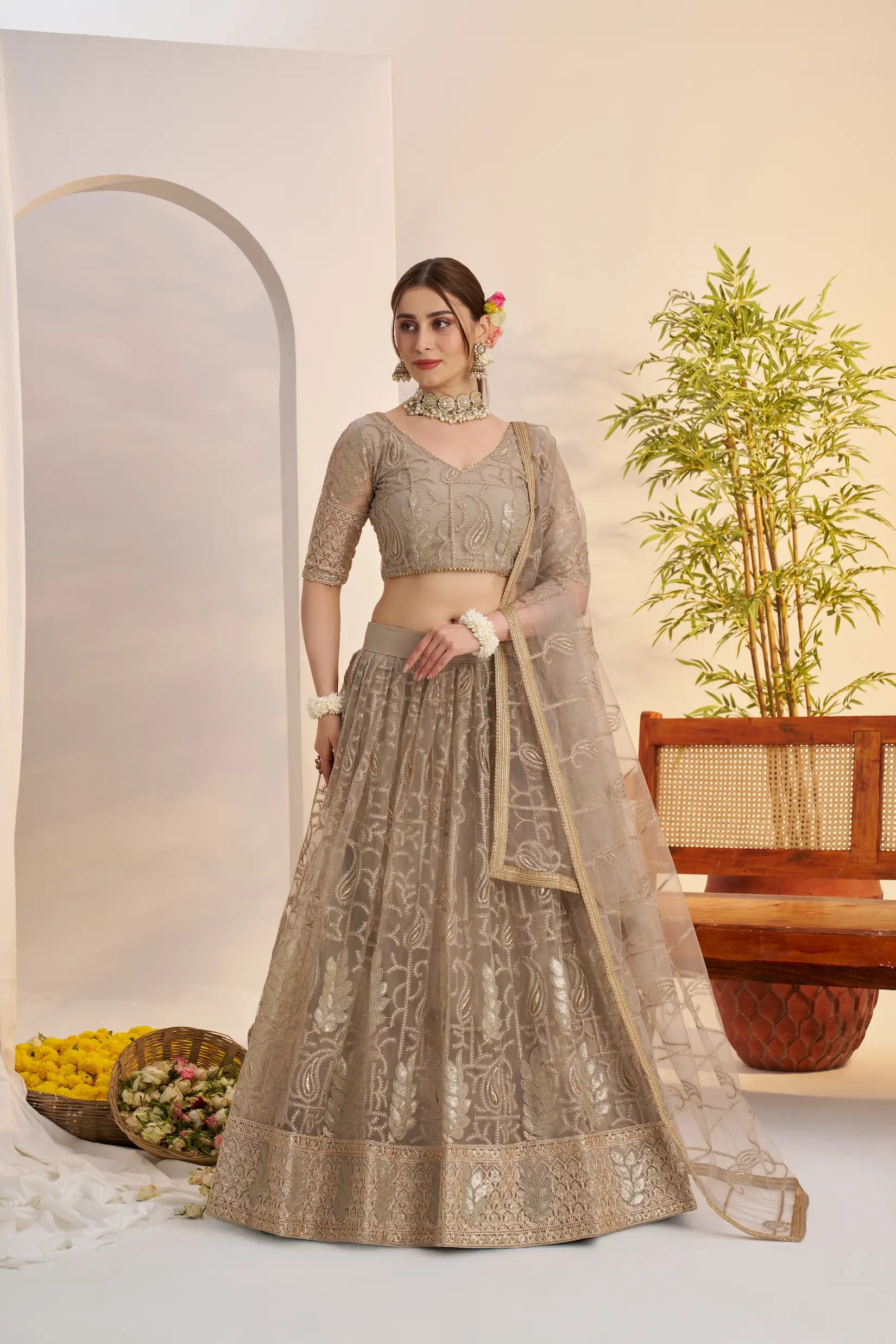 Metalic Grey Net Lehenga Choli With Embroidery Work - qivii
