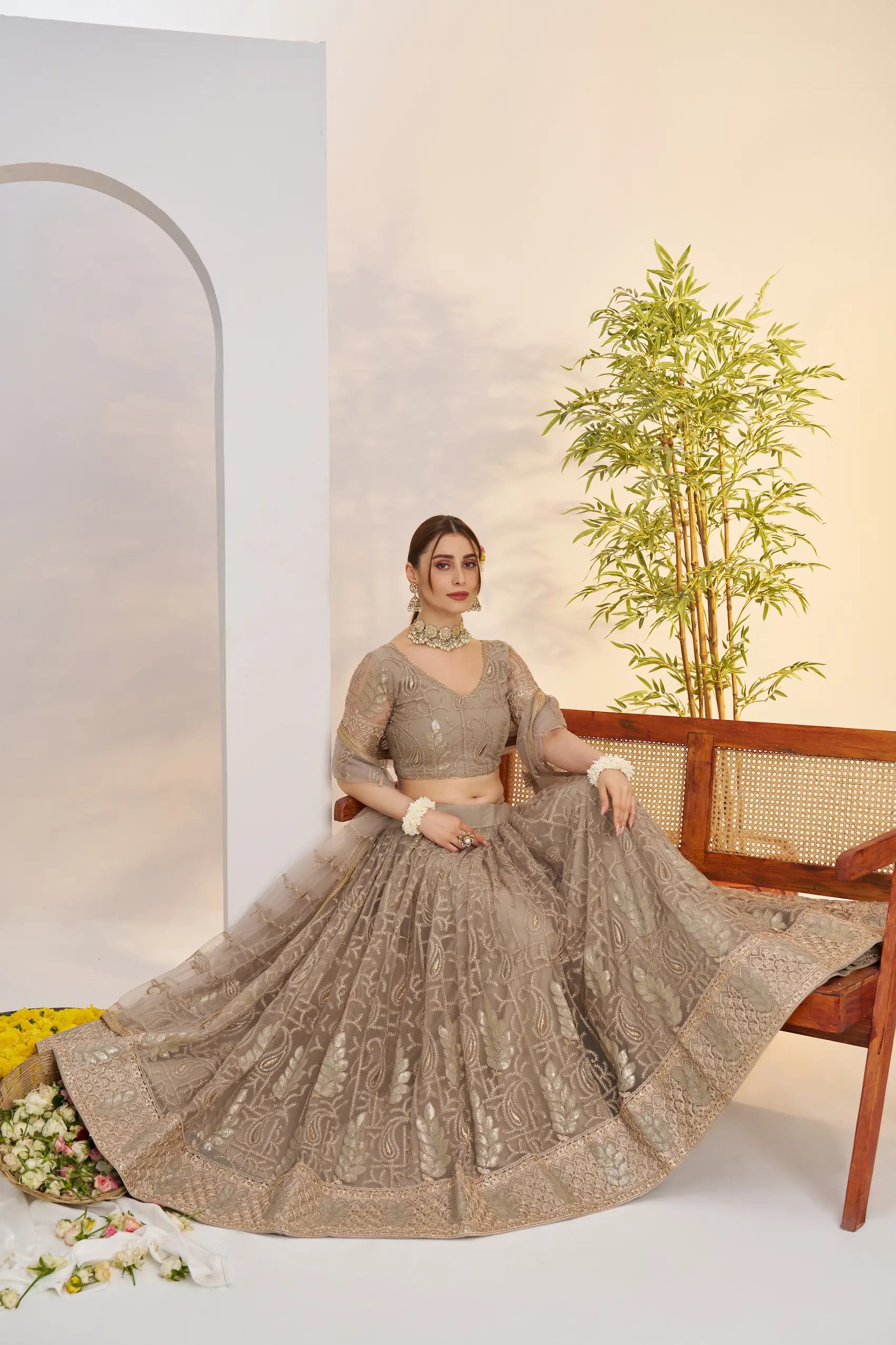 Metalic Grey Net Lehenga Choli With Embroidery Work - qivii