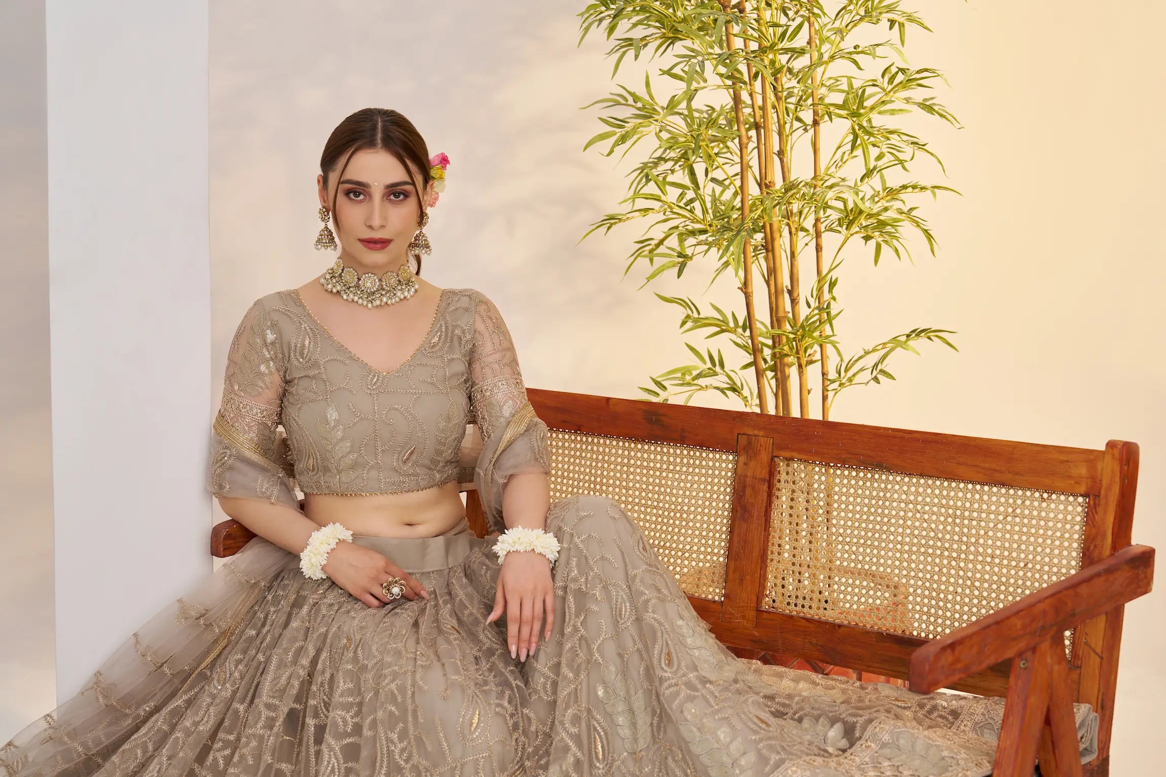 Metalic Grey Net Lehenga Choli With Embroidery Work - qivii