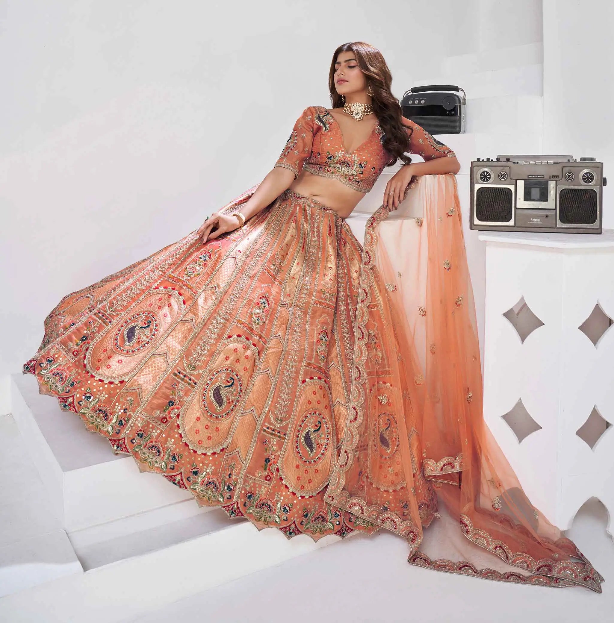 Designer Rust Silk Lehenga With Zari Sequins Detailing - qivii