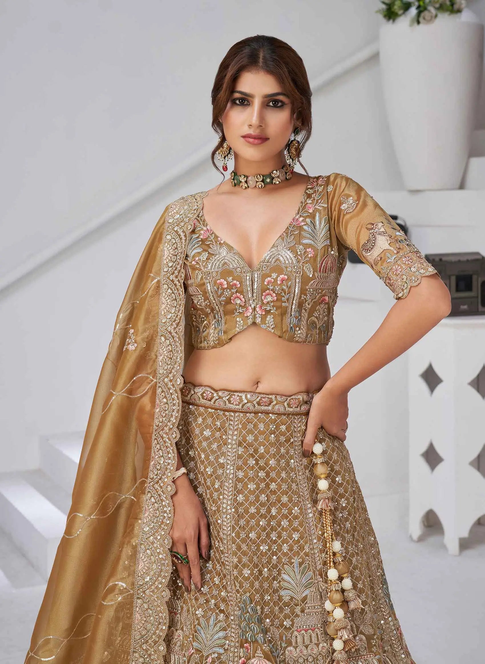 Traditional Bridal Lehenga With Temple & Cow Motifs - qivii