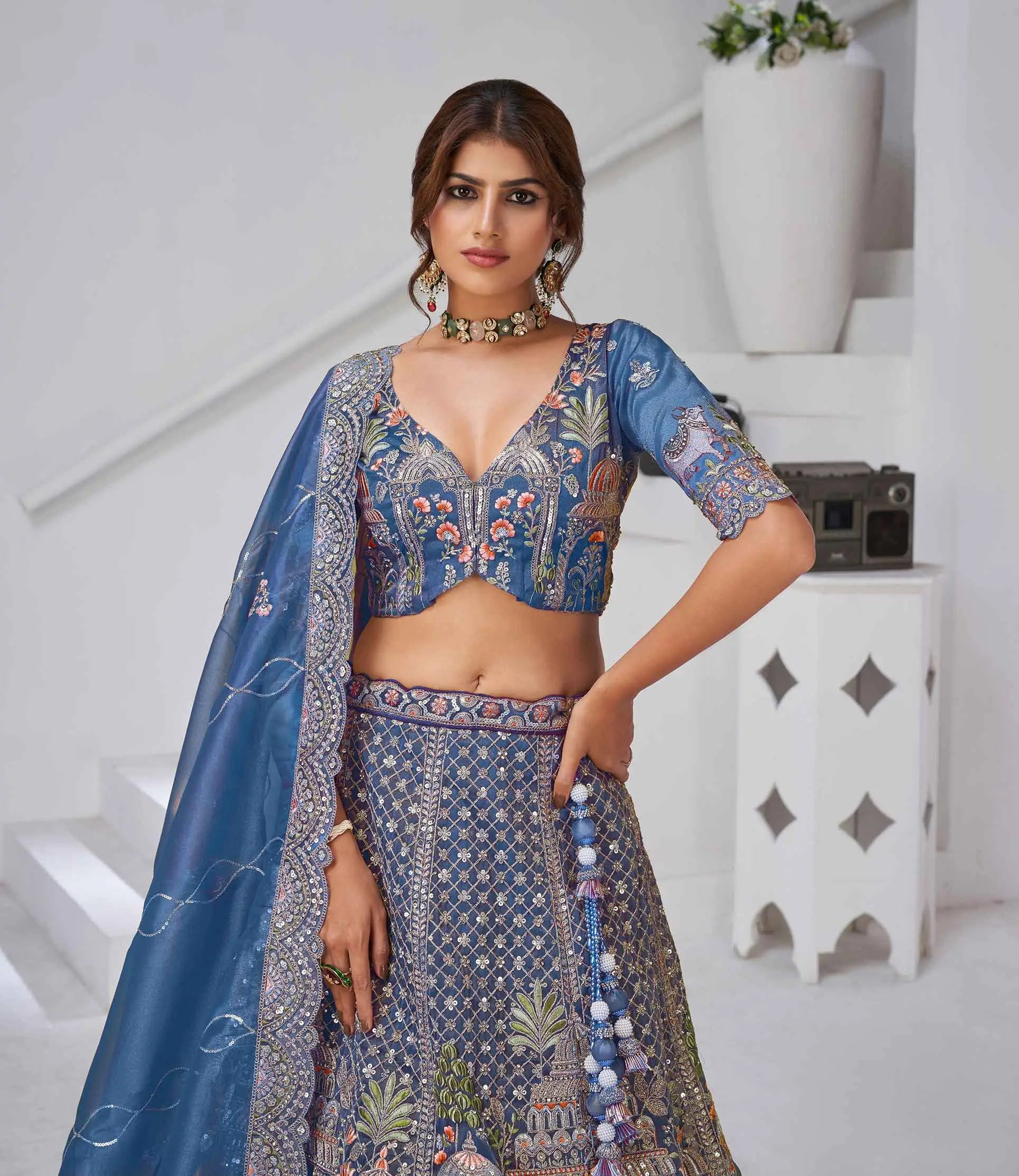 Dusty Blue Bridal Lehenga With Temple & Cow Motifs - qivii