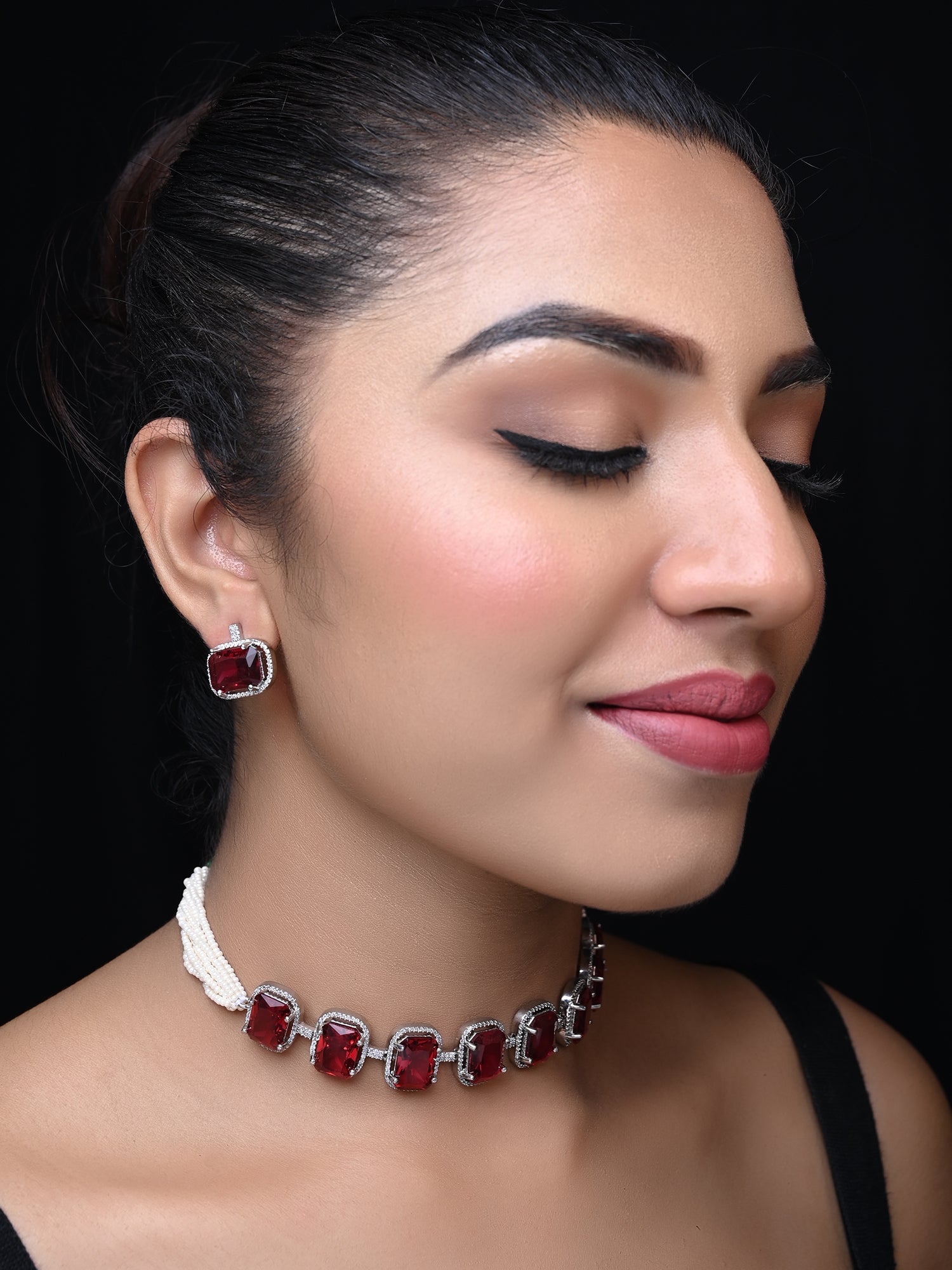 Saaleha Ruby Diamond Stone Silver Plated Choker Set - qivii