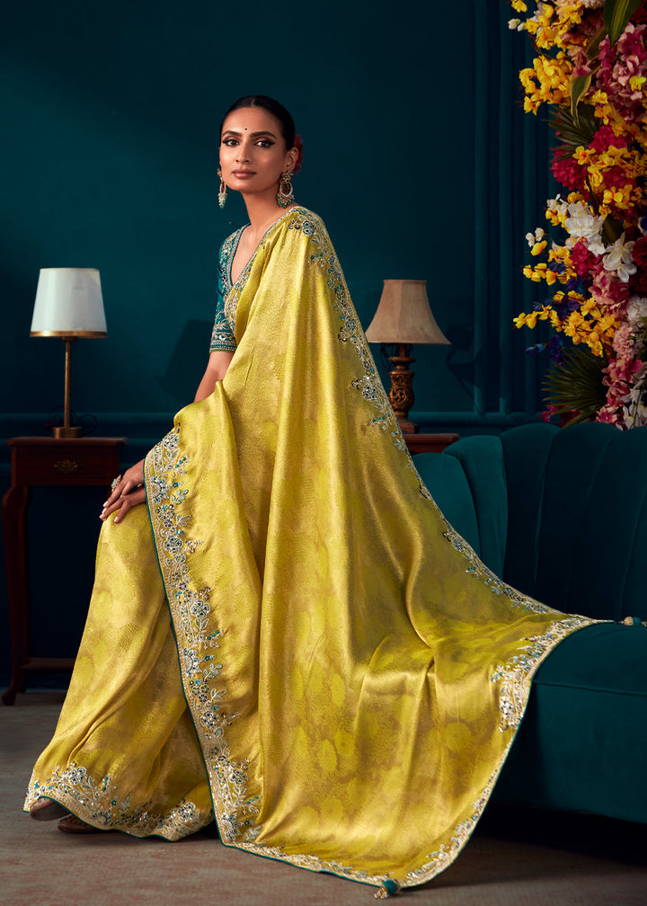 Lemon Yellow Woven Kanjivaram Silk Saree with Sequin,Stone,Khatli & Pearl work