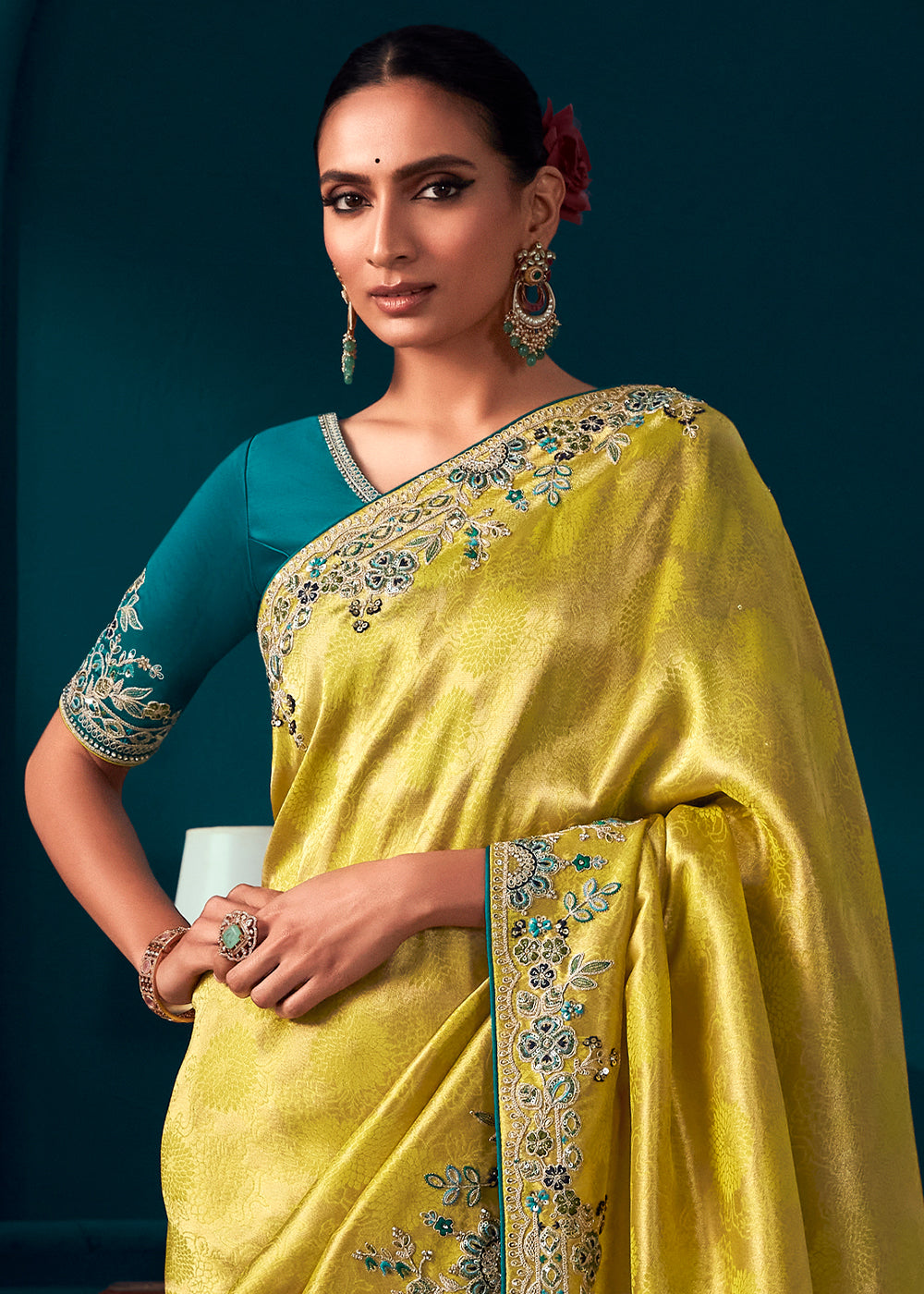 Lemon Yellow Woven Kanjivaram Silk Saree with Sequin,Stone,Khatli & Pearl work