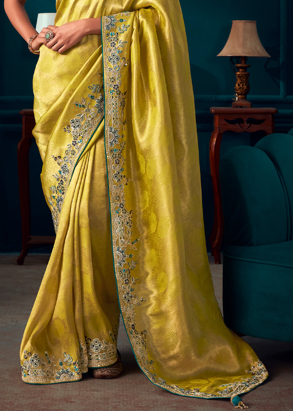 Lemon Yellow Woven Kanjivaram Silk Saree with Sequin,Stone,Khatli & Pearl work