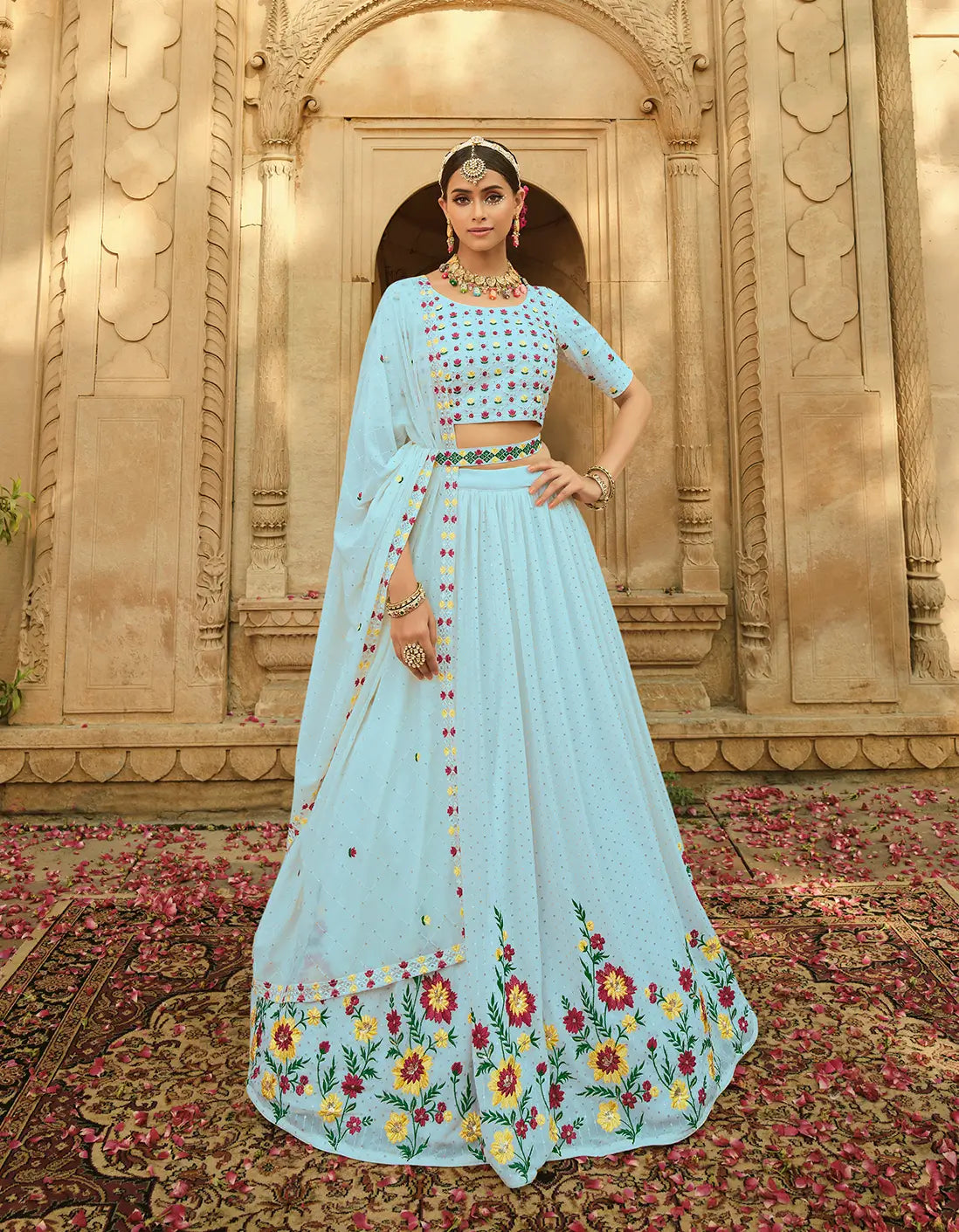 Sky Blue Georgette Thread with Sequence Embroidery Work Lehenga Choli | Ready To Wear - qivii