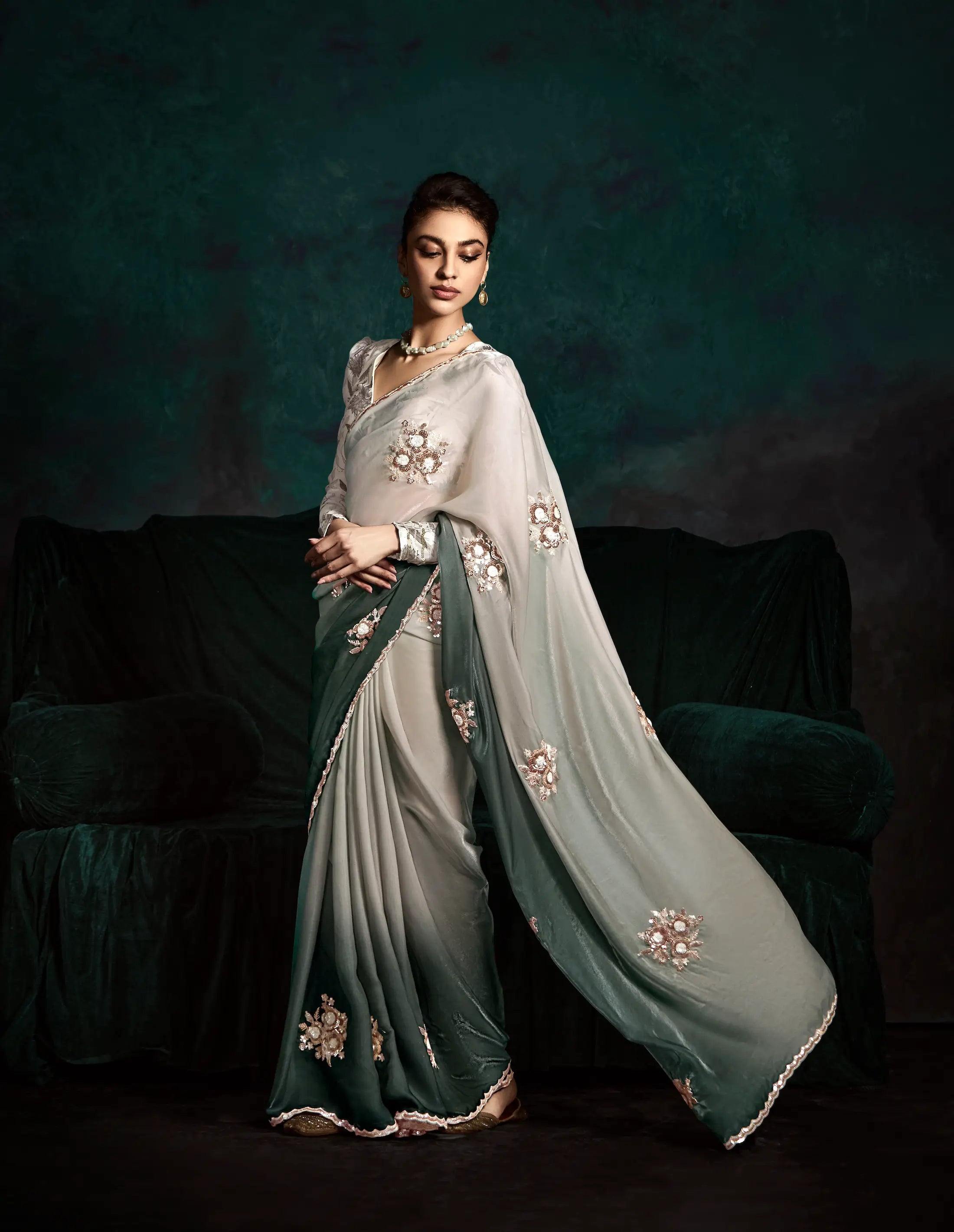 Shaded Glass Organza Saree With Digital Print,  Sequence & Thread Embroidery Work - qivii