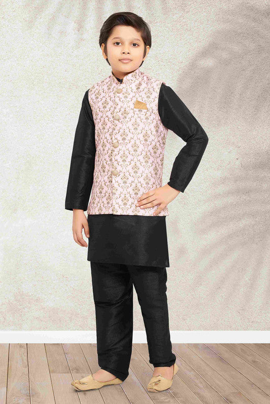 Boy's Light Pink Banarasi Silk Digital Printed Jacket Set