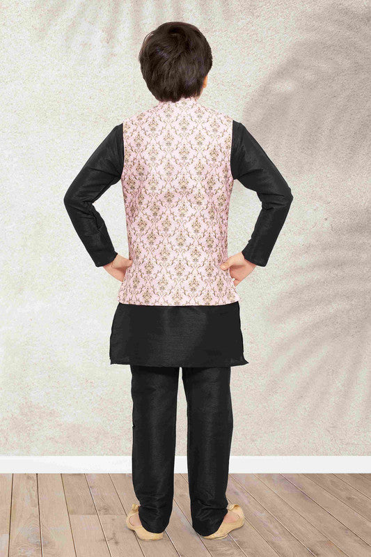 Boy's Light Pink Banarasi Silk Digital Printed Jacket Set