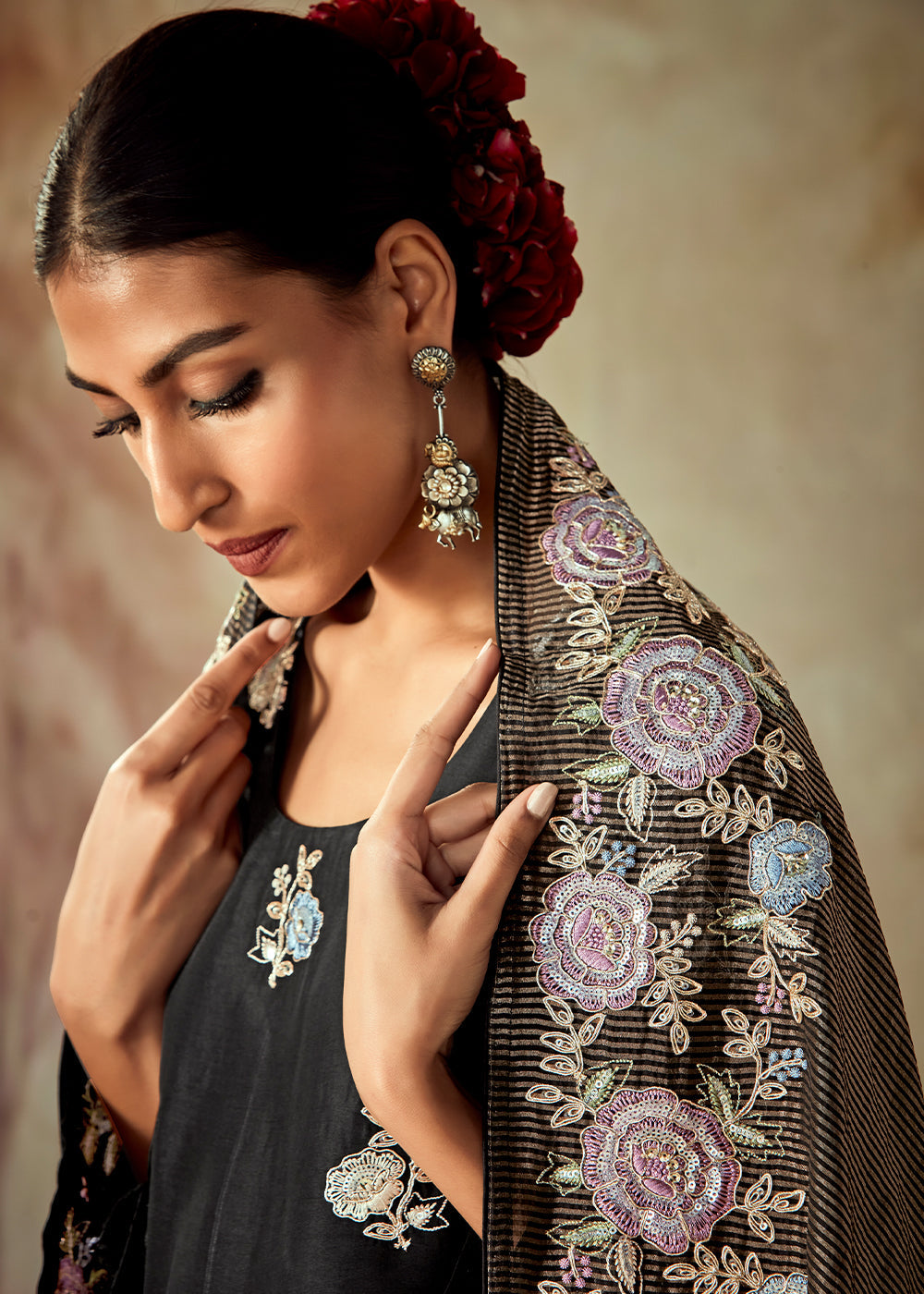 Midnight Black Silk Salwar Suit With Floral Embroidery Work