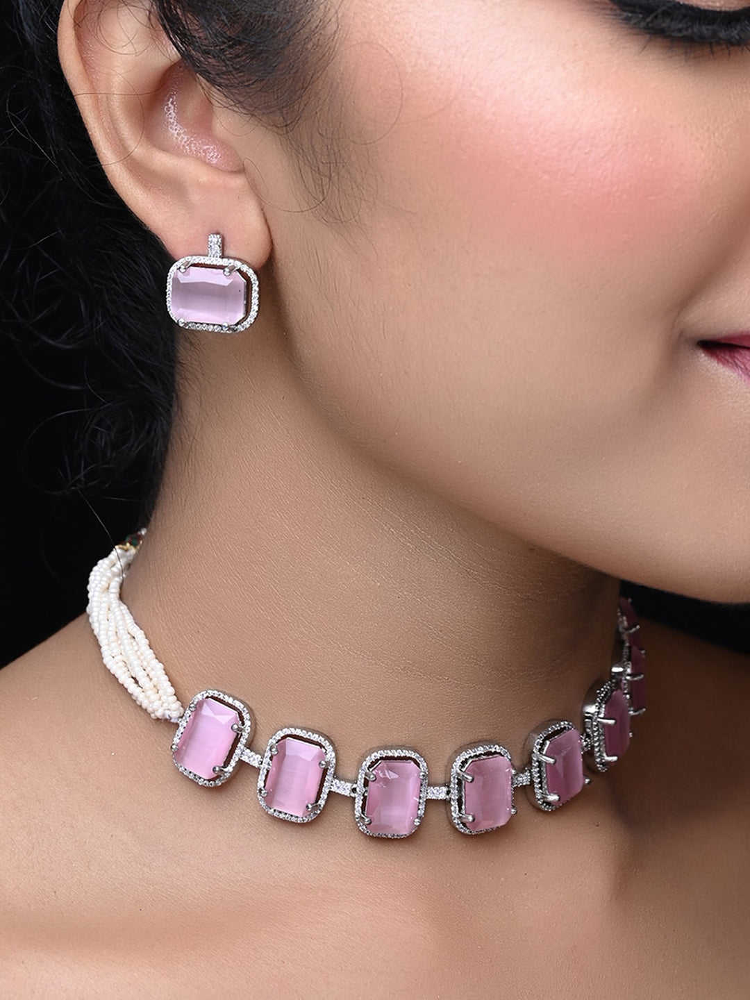 Saara Pink Stones & American Diamond Necklace Set