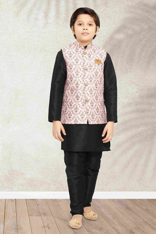 Boy's Light Pink Banarasi Silk Digital Printed Jacket Set