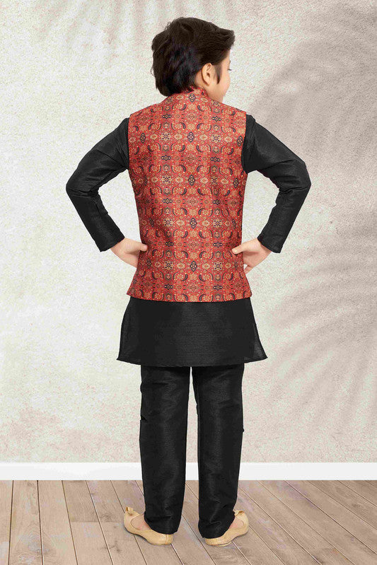 Boy's Maroon Banarasi Silk Digital Printed Jacket Set