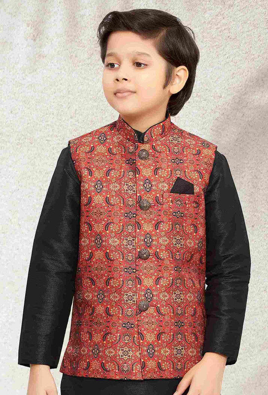 Boy's Maroon Banarasi Silk Digital Printed Jacket Set