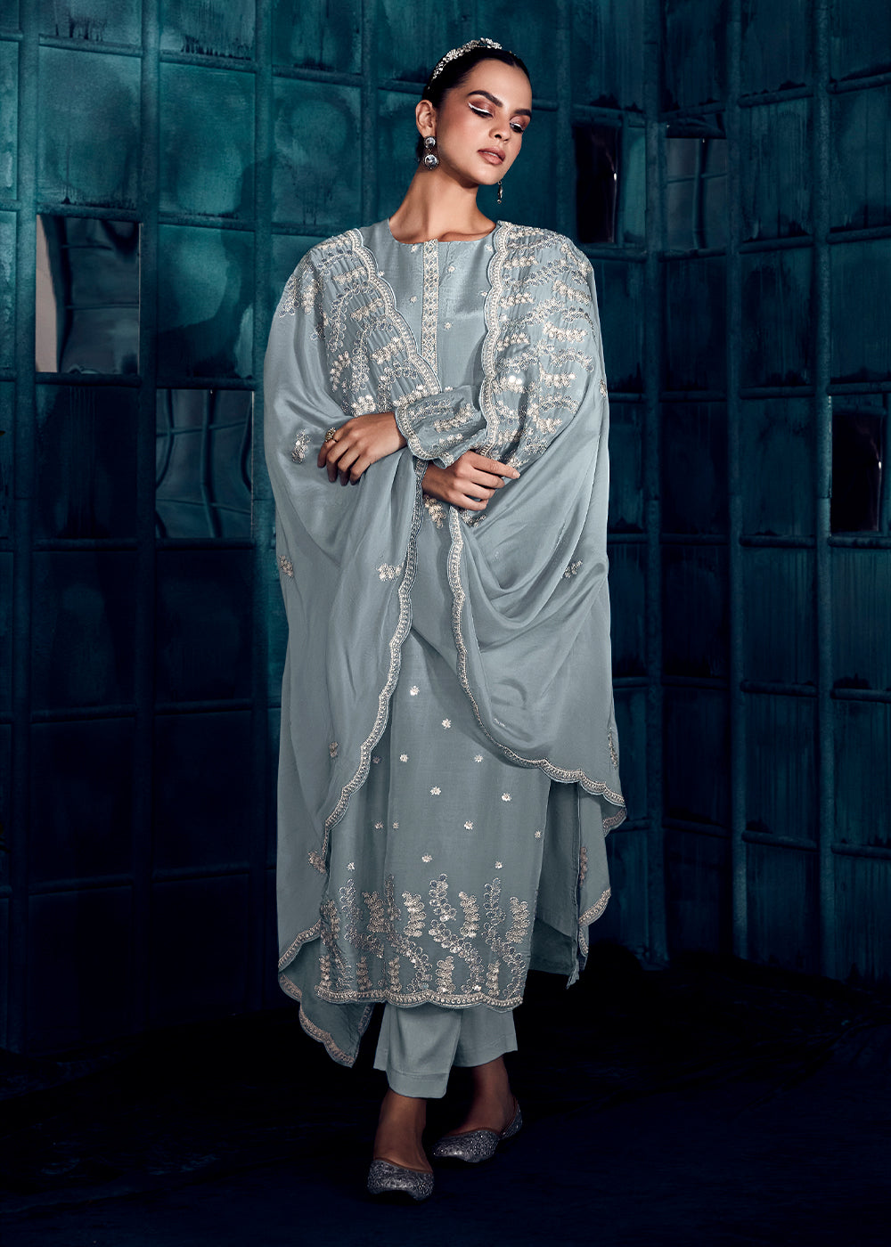 Chateau Grey Silk Salwar Suit with Embroidery work