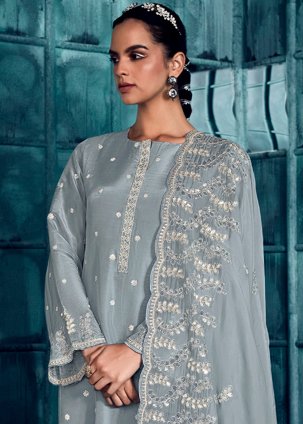 Chateau Grey Silk Salwar Suit with Embroidery work - qivii