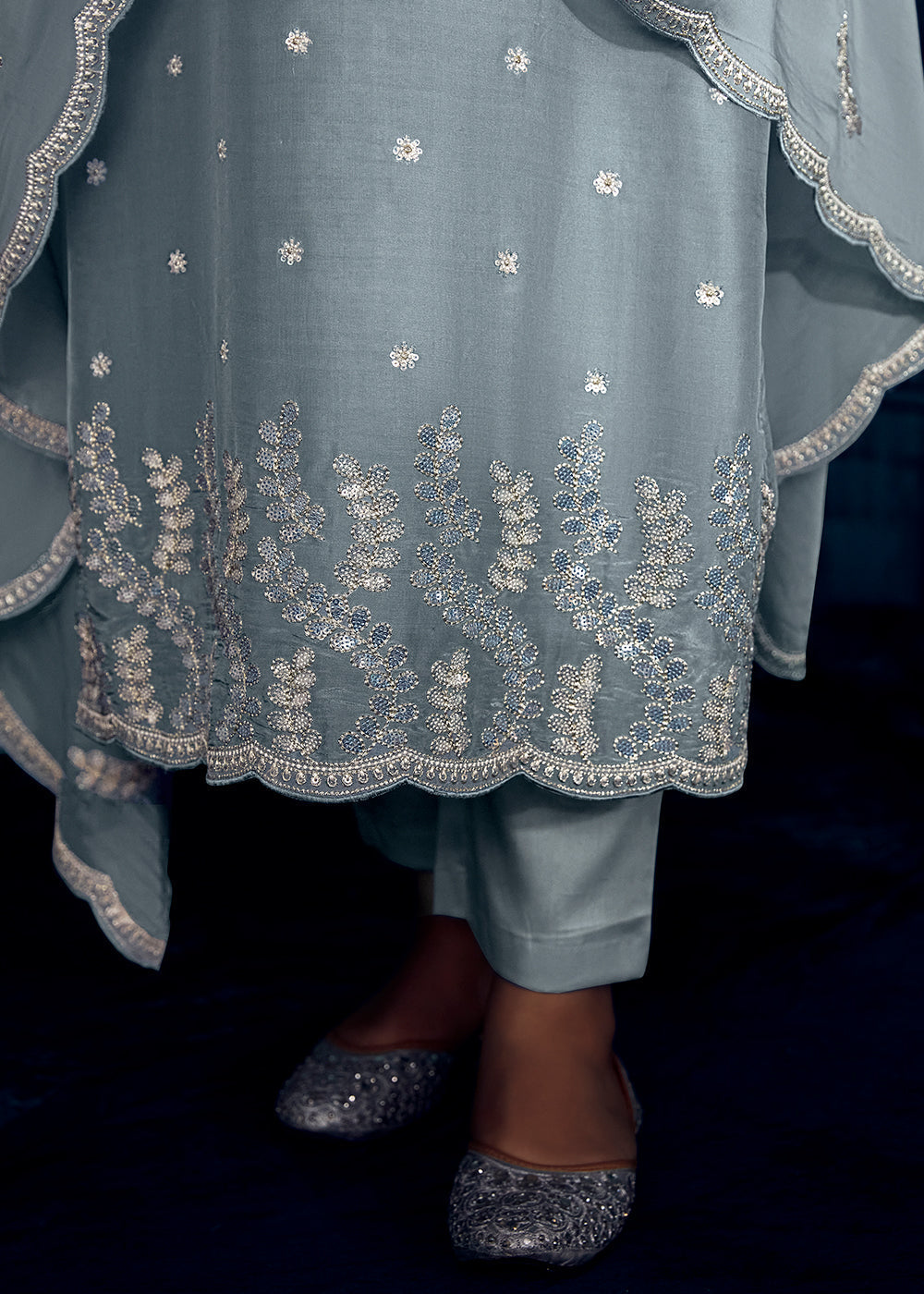 Chateau Grey Silk Salwar Suit with Embroidery work - qivii