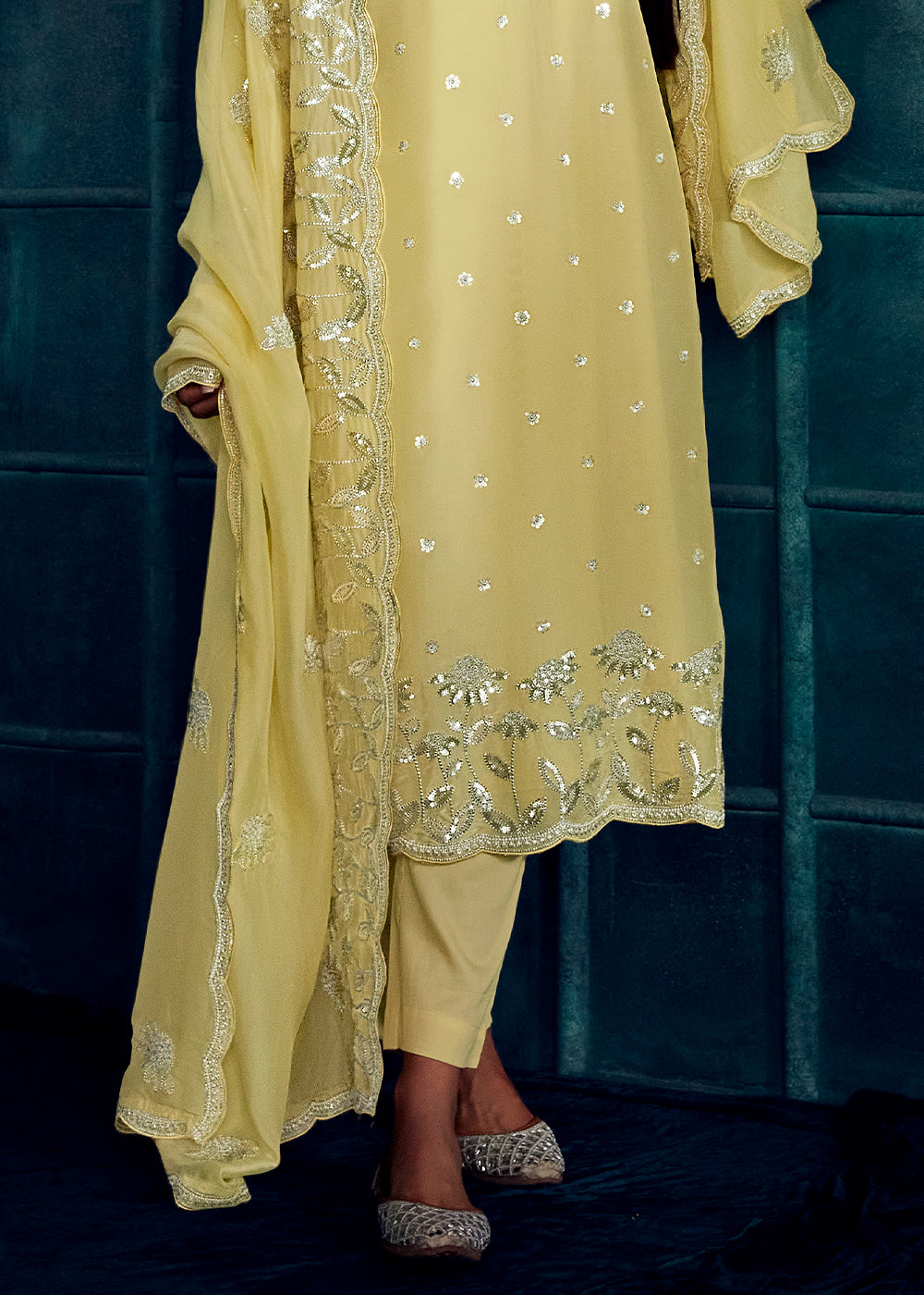 Jonquil Yellow Silk Salwar Suit with Embroidery work