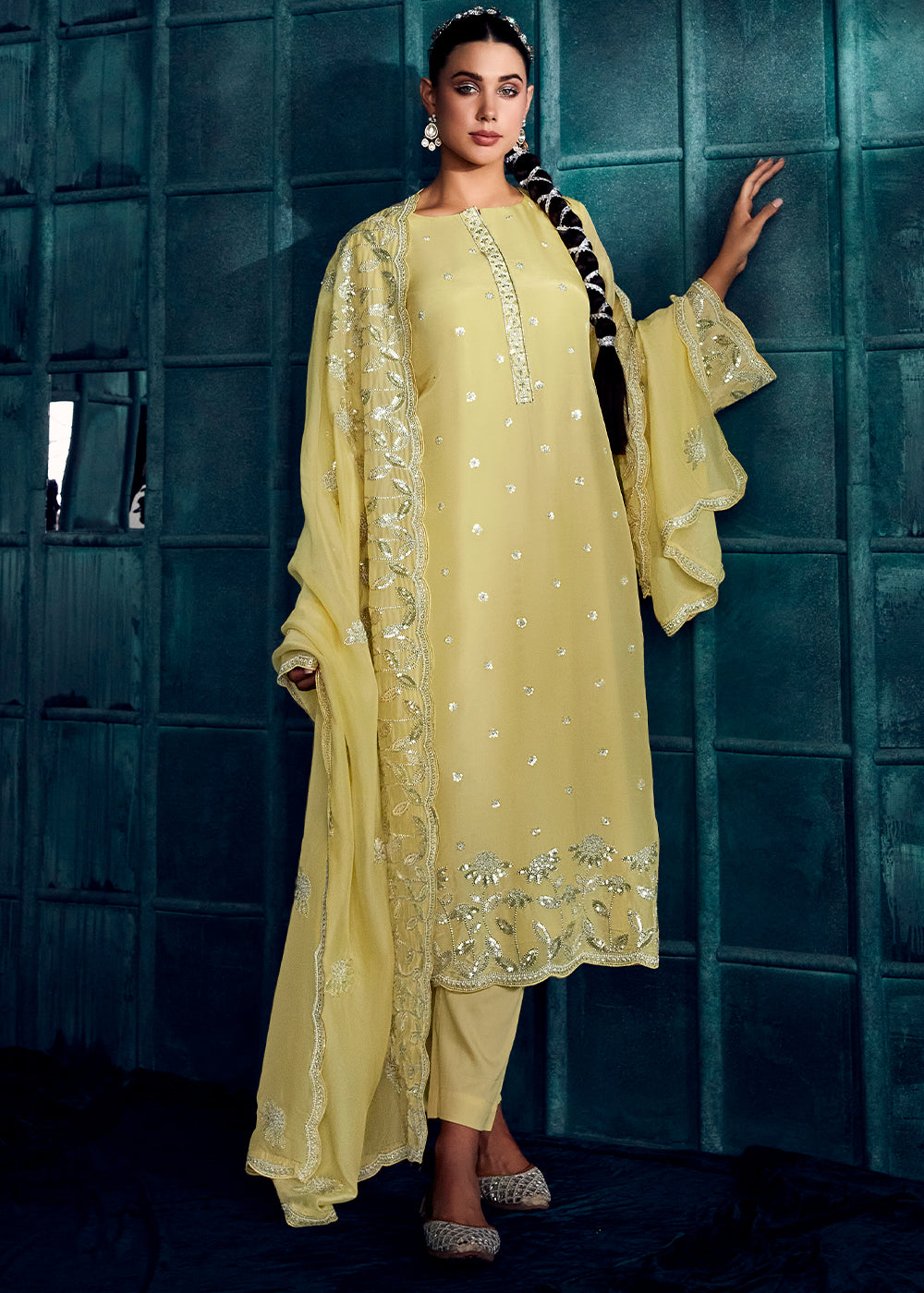 Jonquil Yellow Silk Salwar Suit with Embroidery work - qivii