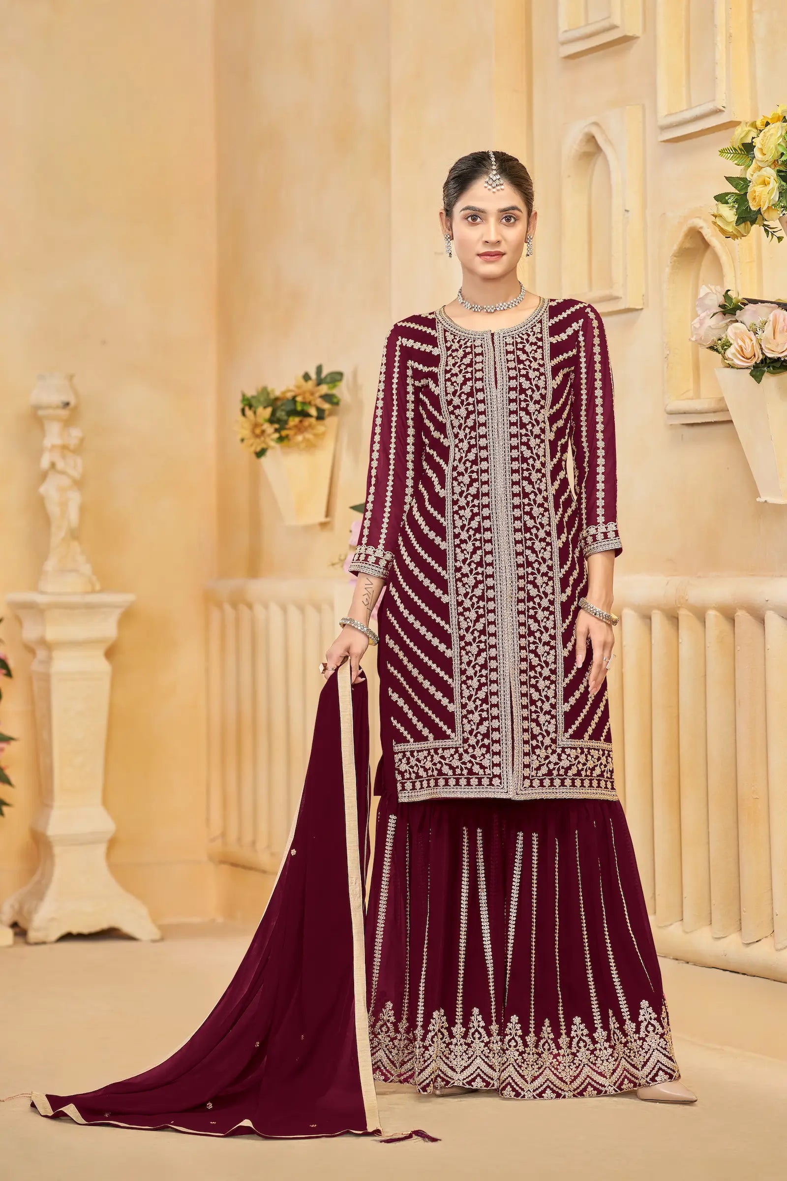 Maroon Georgette Thread & Sequins Embroidery Work Sharara Set - qivii