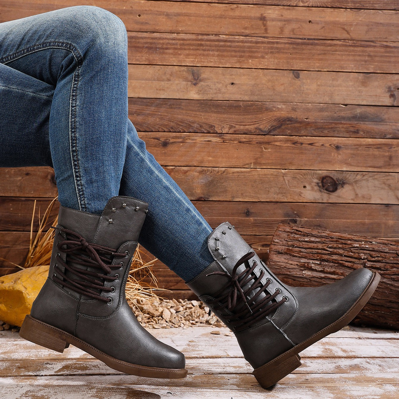 Women's Rivet Roma Boots - Side Lace Chunky Heel Mid Calf Boots (US 4-10.5)