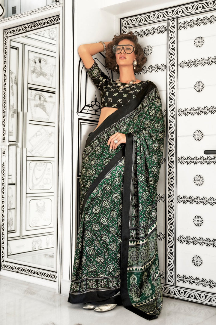 Lunar Green Printed Ajrakh Satin Crepe Saree