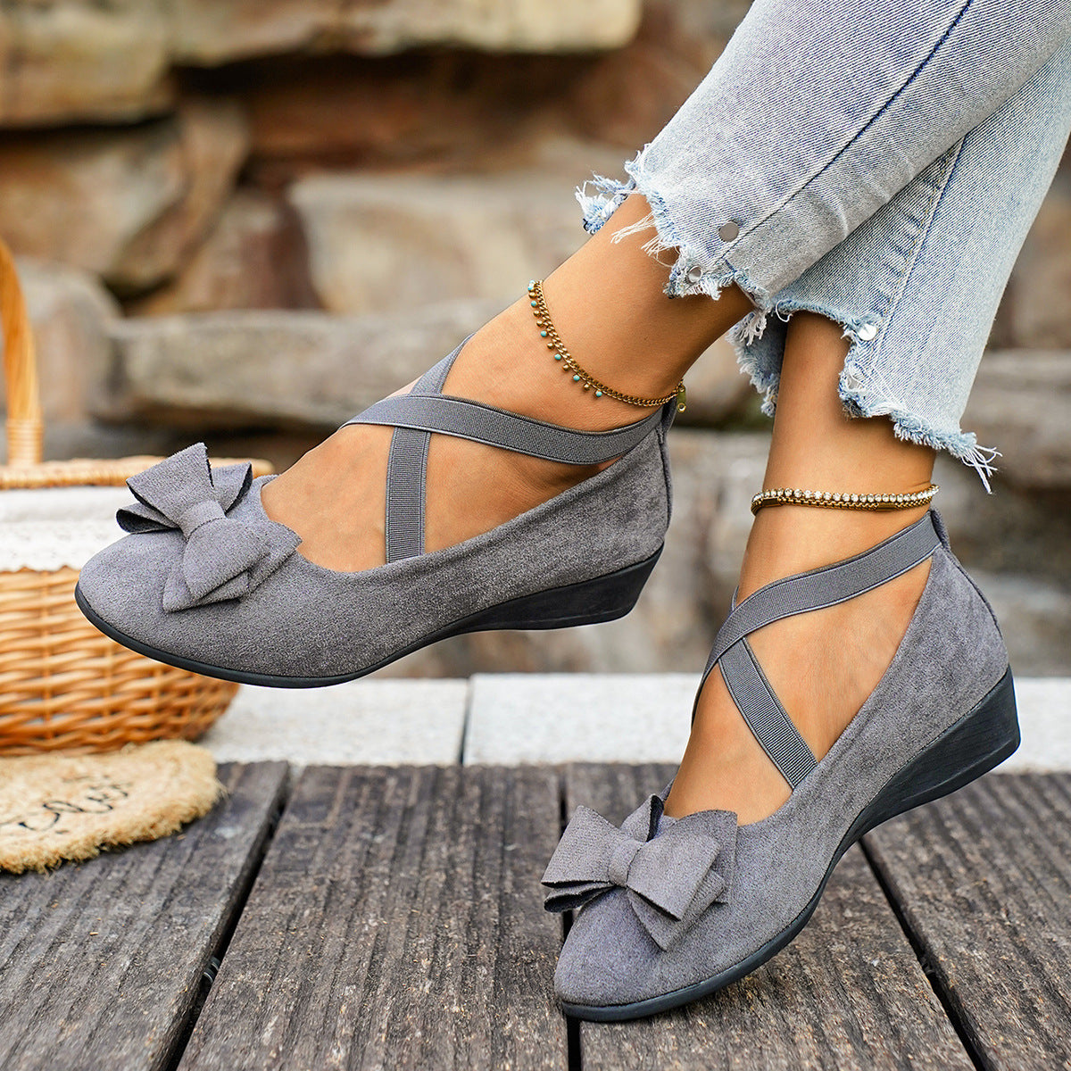 Women’s Elara Bow Suede Wedge Loafers – Elastic Cross-Strap Comfort Slip-Ons (US 5–10.5)