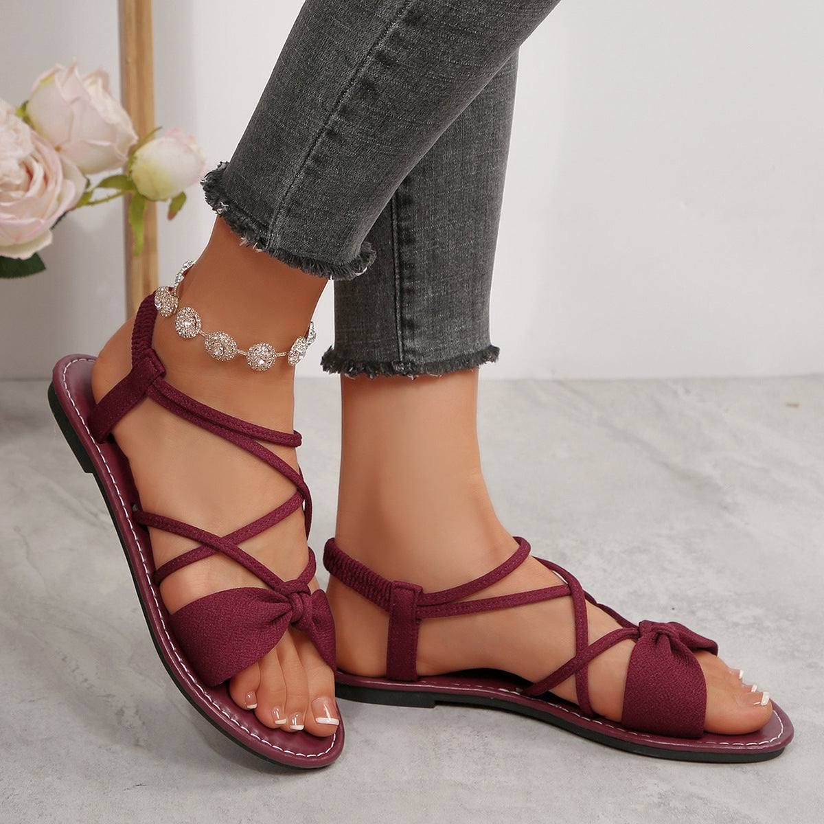 Women's Vela Bow Flat Sandals - Soft Sole Elastic Strap Summer Sandals (US 5-10.5)