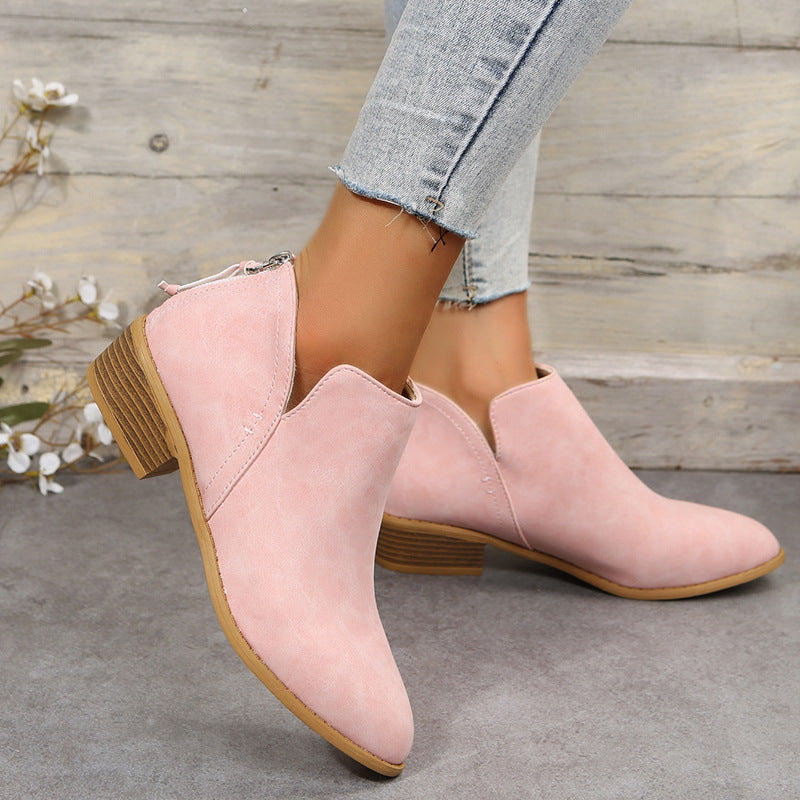 Plus Size Women's British-Inspired Solid-Color Pointed Toe Casual Fashion Boots with Rear Zipper & Low Chunky Hee