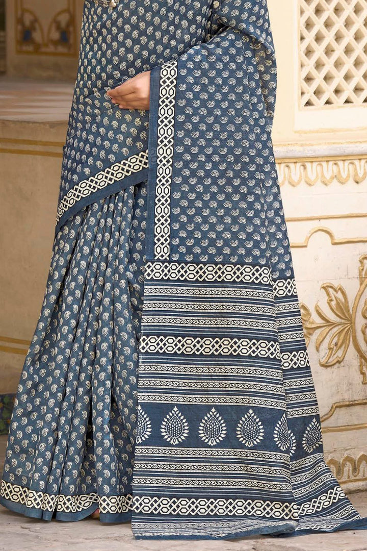 Deep Space Blue Handblock Printed Saree