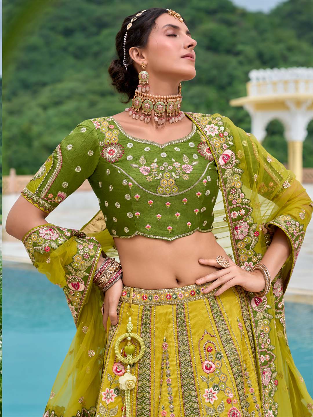Mehendi-Green Shaded Heavy Designer Embroidered Patchwork Silk Semi Stitched Lehenga Choli - qivii