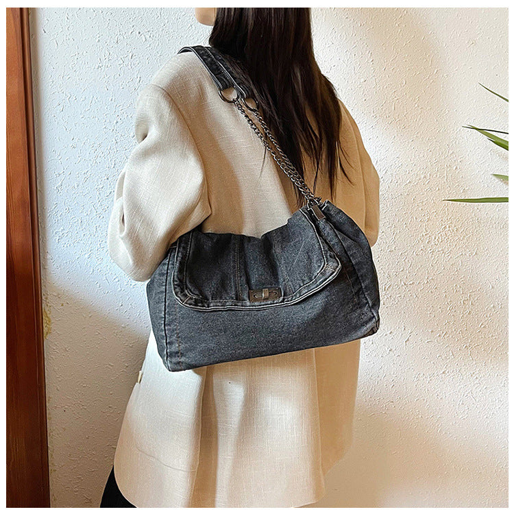 Women's Vintage Denim Tote Bag – Casual Chain Strap Shoulder Bag with Spacious Compartment Retro Commuter Essentials