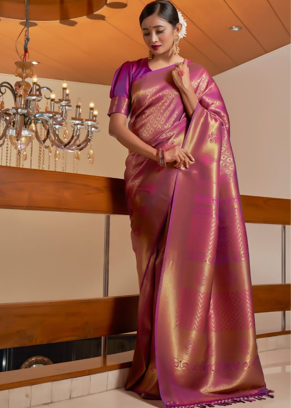 Magenta Purple Zari Woven Kanjivaram Silk Saree - qivii