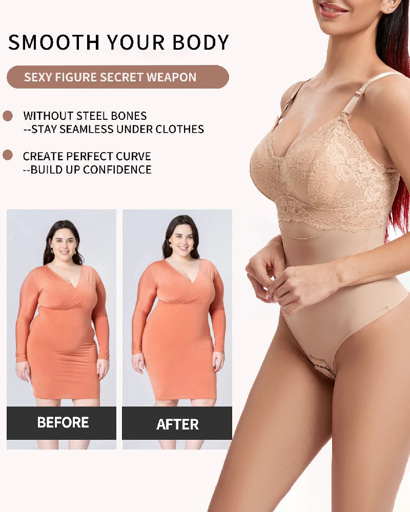 Seamless Lace Slimming Waist Bodysuit Tummy Control Thong Shapewear With Bra  - By Qivii