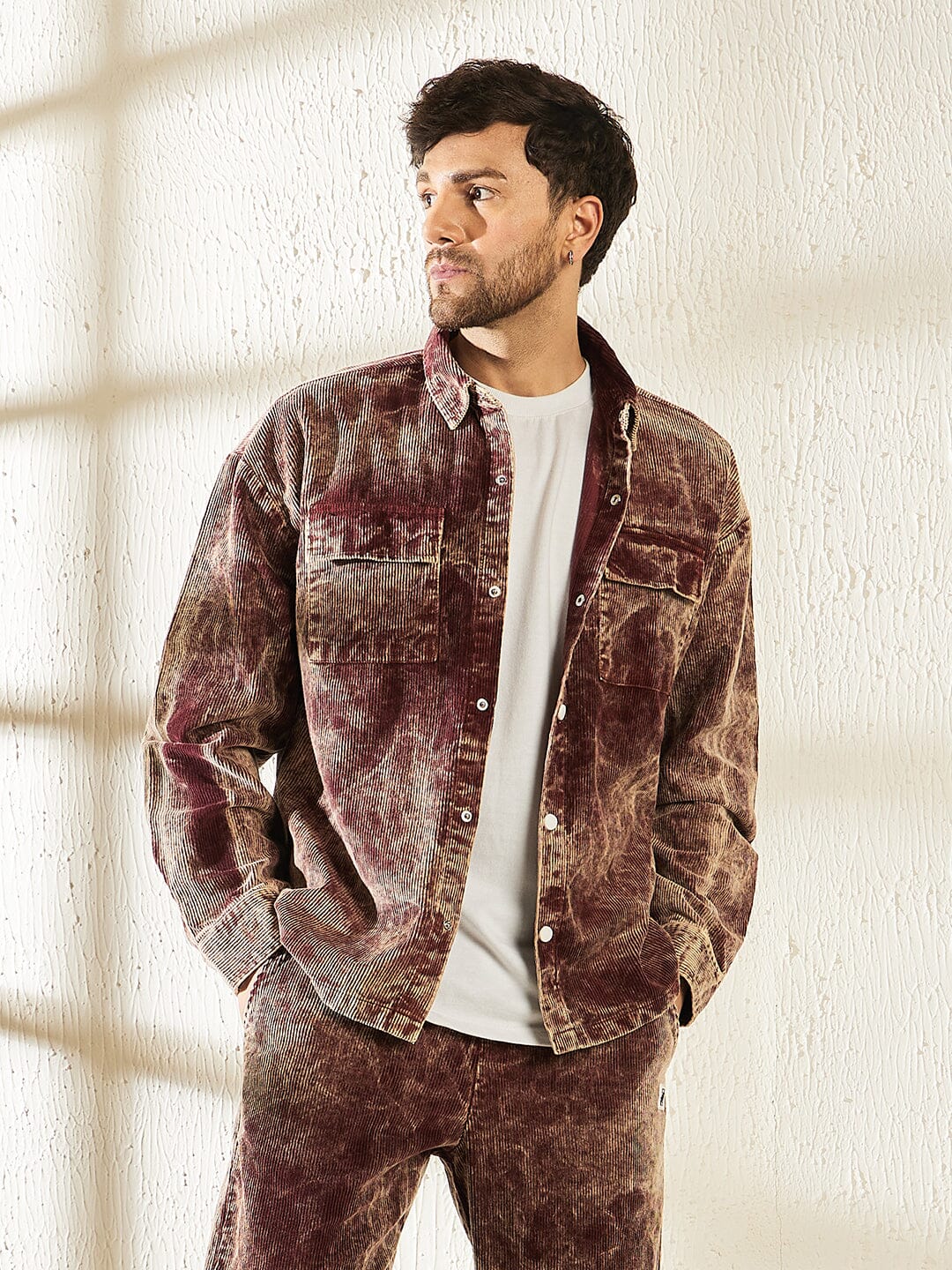 Oxblood Acid Dyed Corduroy Shacket - qivii