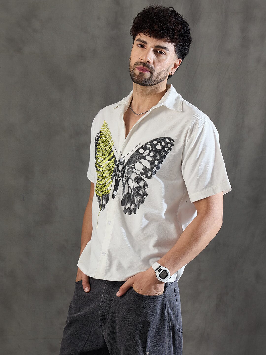 White Corduroy Butterfly Graphic Shirt