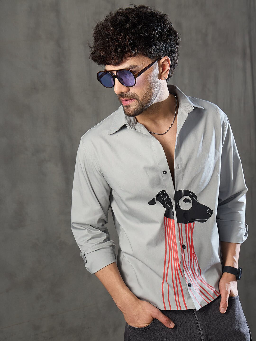 Steel Grey Dog Graphic Longsleeve Shirt