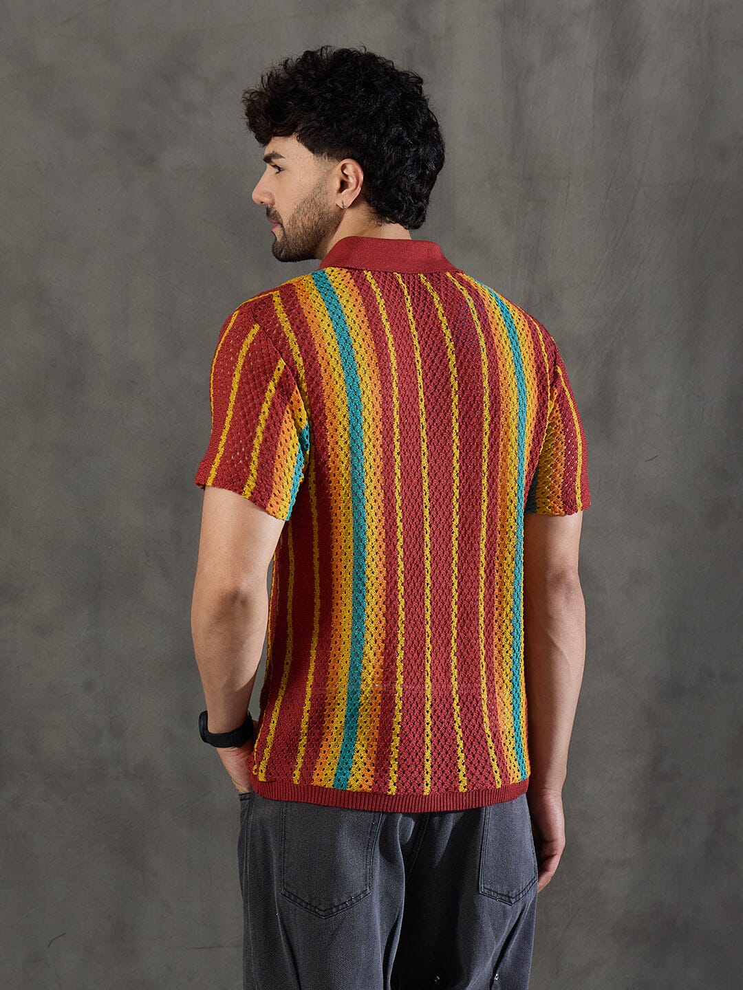 Paprika Red Striped Crochet Knitted Shirt - qivii