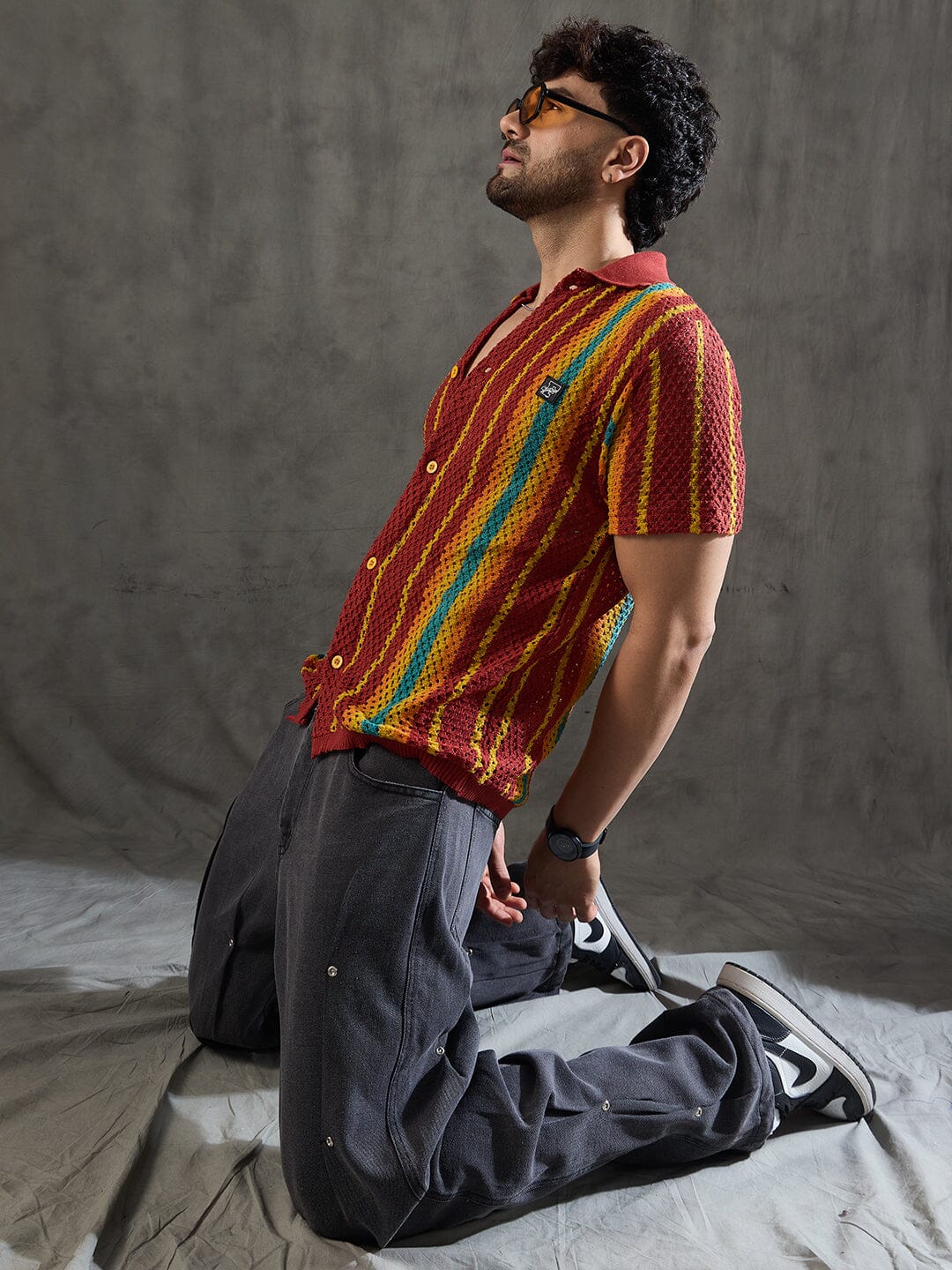 Paprika Red Striped Crochet Knitted Shirt - qivii