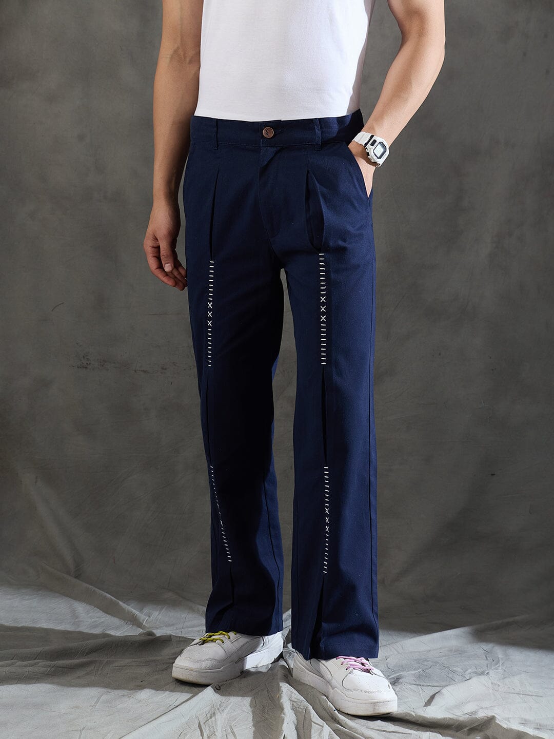 Navy Pleated Embroidered Trousers