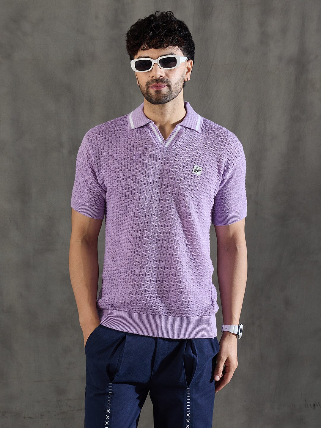 Lavender Textured Knitted Polo Tshirt
