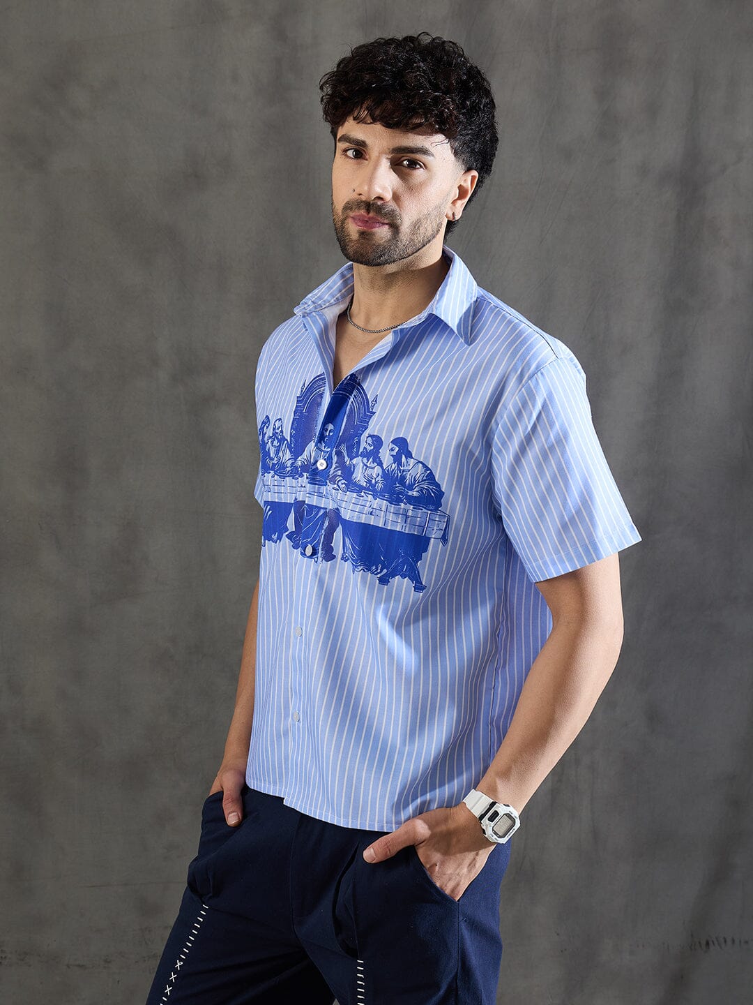 Blue Striped Short Sleeves Shirt
