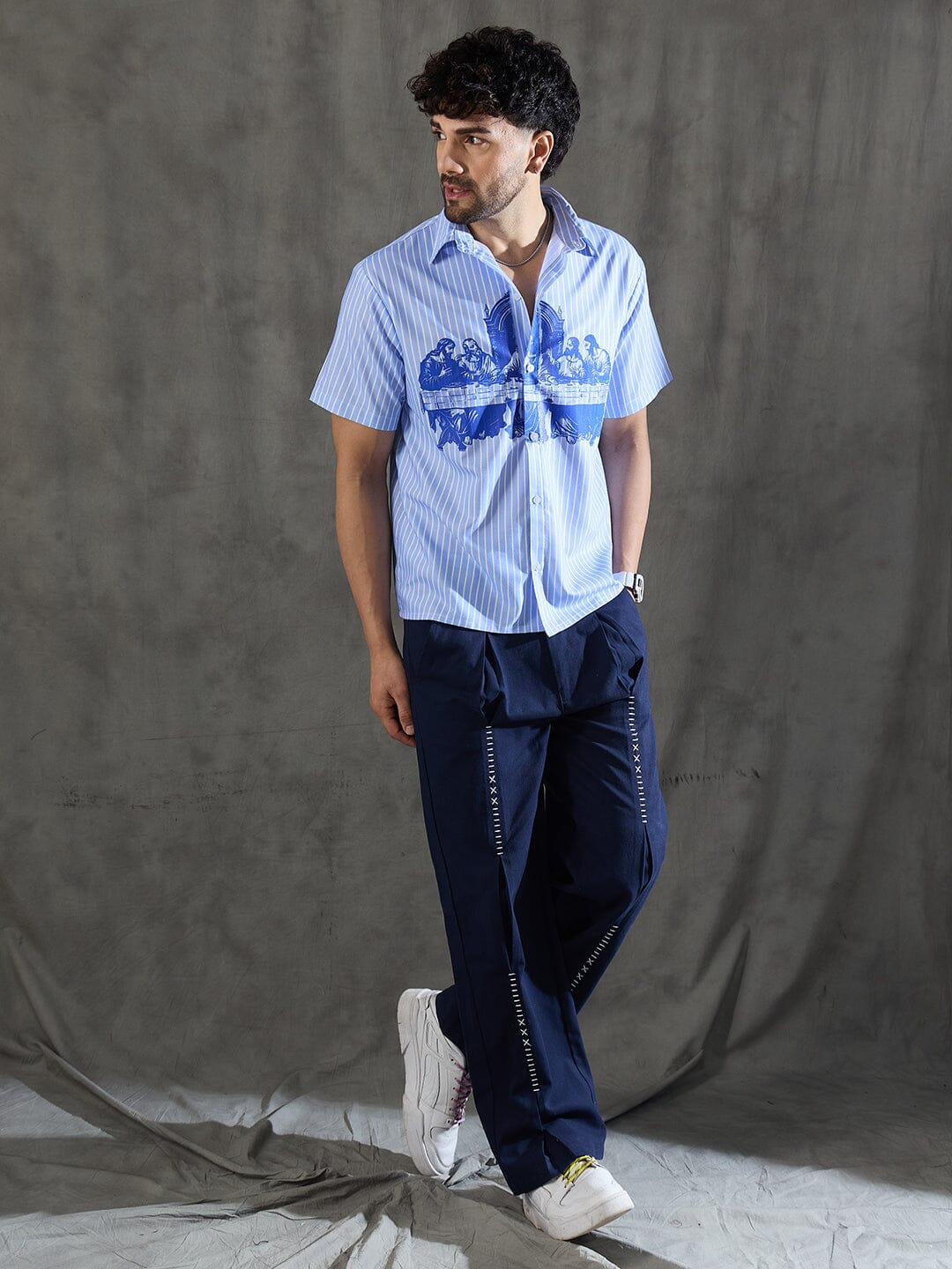 Blue Striped Short Sleeves Shirt