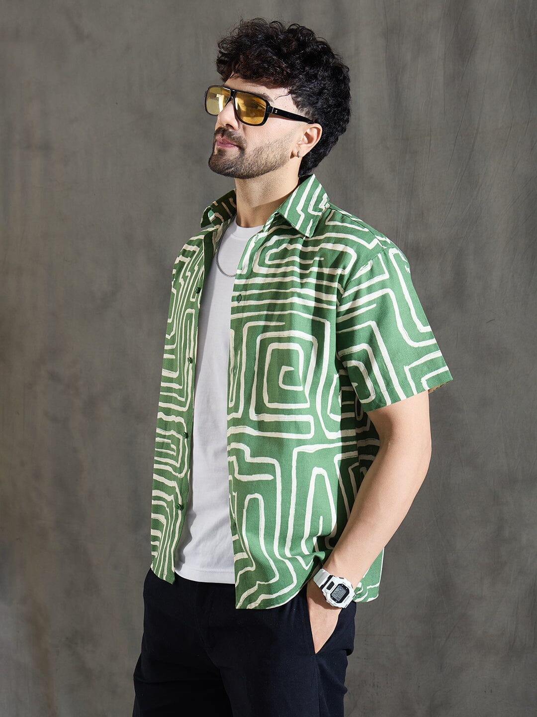 Olive Abstract Print Linen Shirt