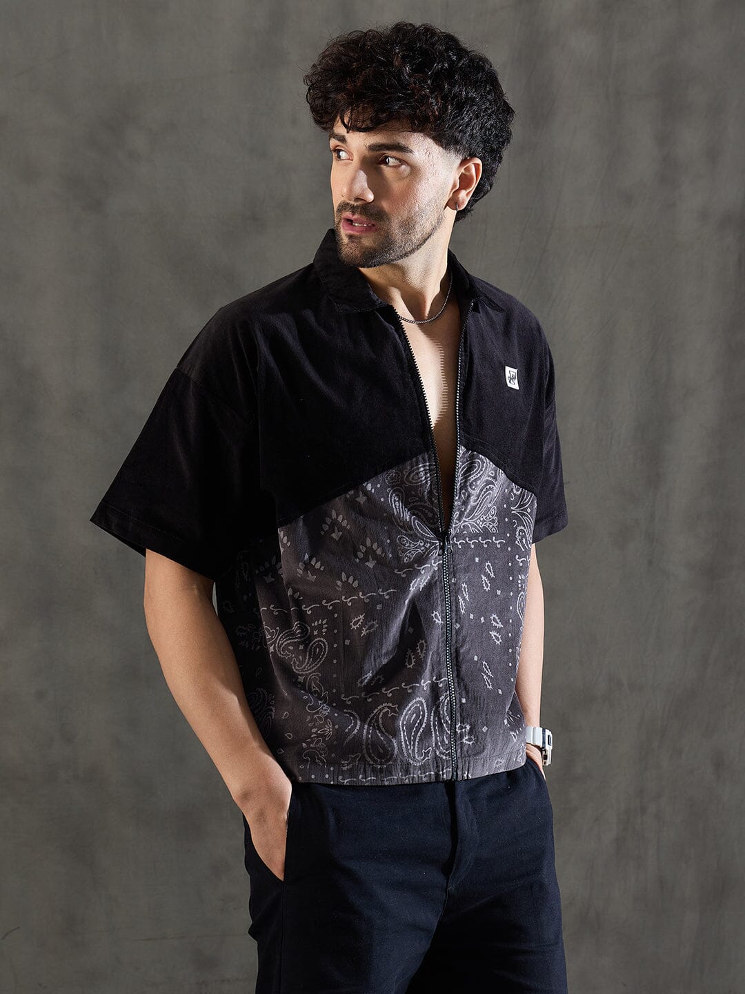 Black and Grey Paisley Zipped Shirt