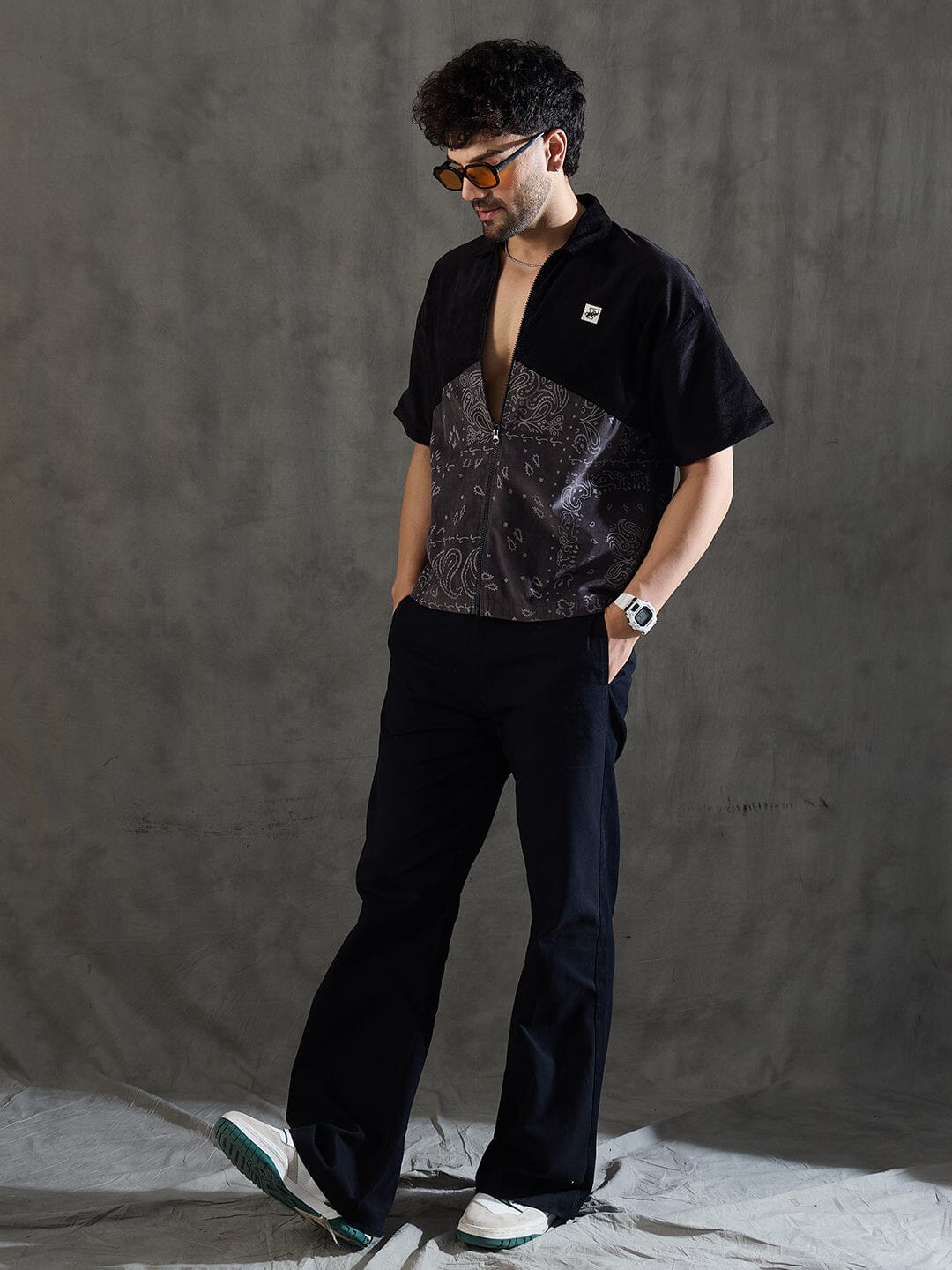 Black and Grey Paisley Zipped Shirt