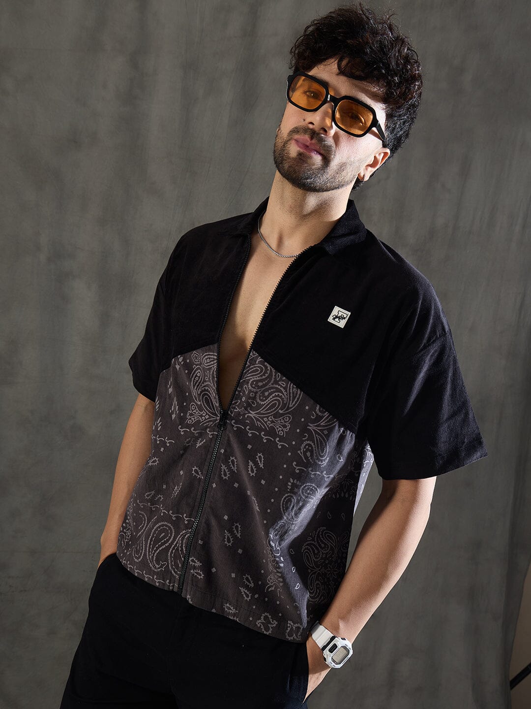 Black and Grey Paisley Zipped Shirt